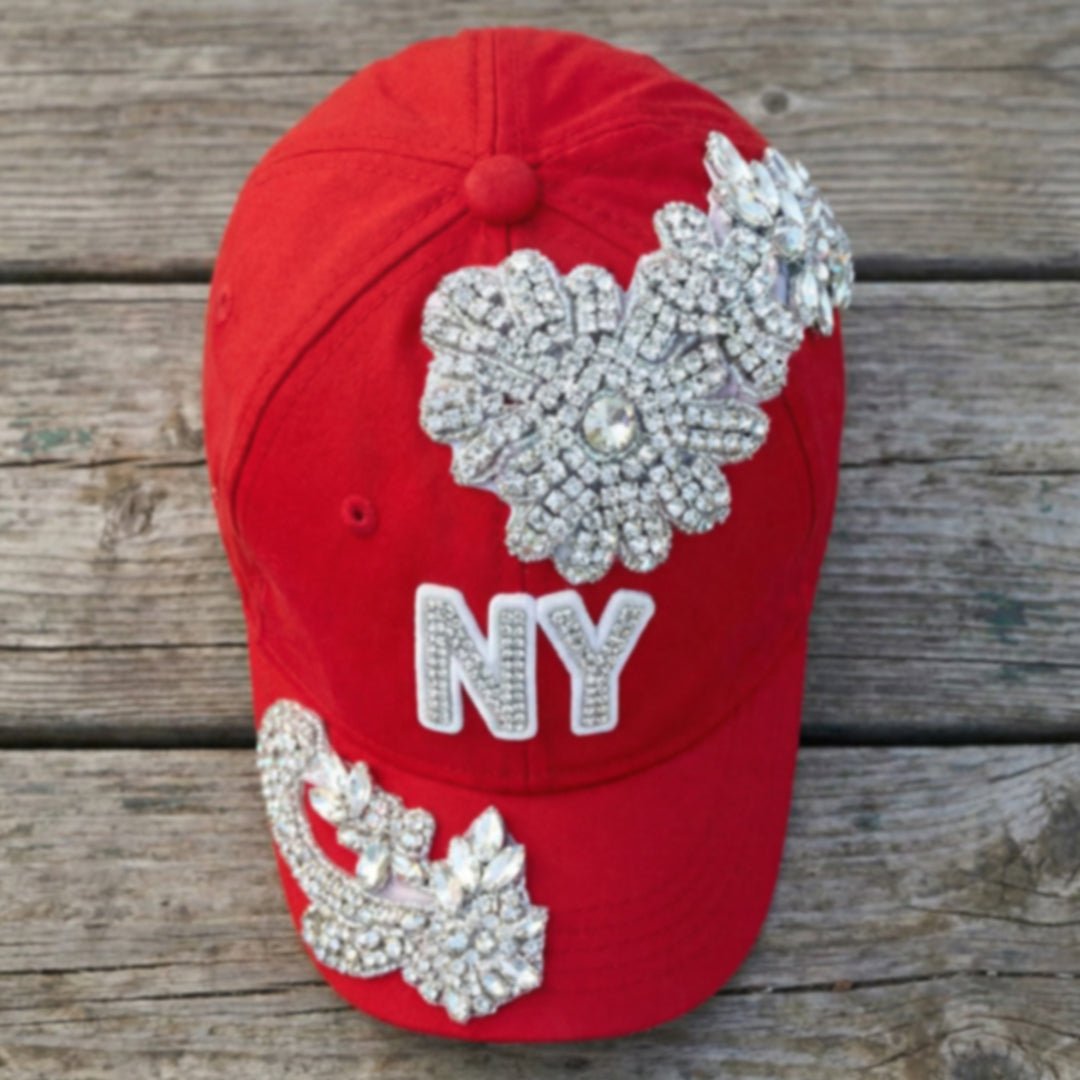 Custom Beaded Silver Crystal Applique New York Hat - Rebel P Customs
