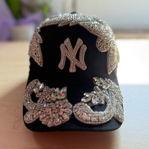 Silver Crystal Flower Appliqué New York Hat with oversized handcrafted crystal embellishment