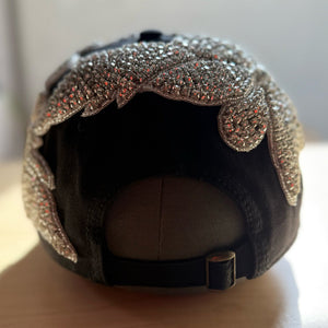 back view Silver Crystal Flower Appliqué New York Hat with oversized handcrafted crystal embellishment