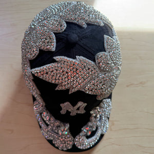 Silver Crystal Flower Appliqué New York Hat with oversized handcrafted crystal embellishment