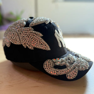 side view Silver Crystal Flower Appliqué New York Hat with oversized handcrafted crystal embellishment