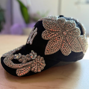 Silver Crystal Flower Appliqué New York Hat with oversized handcrafted crystal embellishment