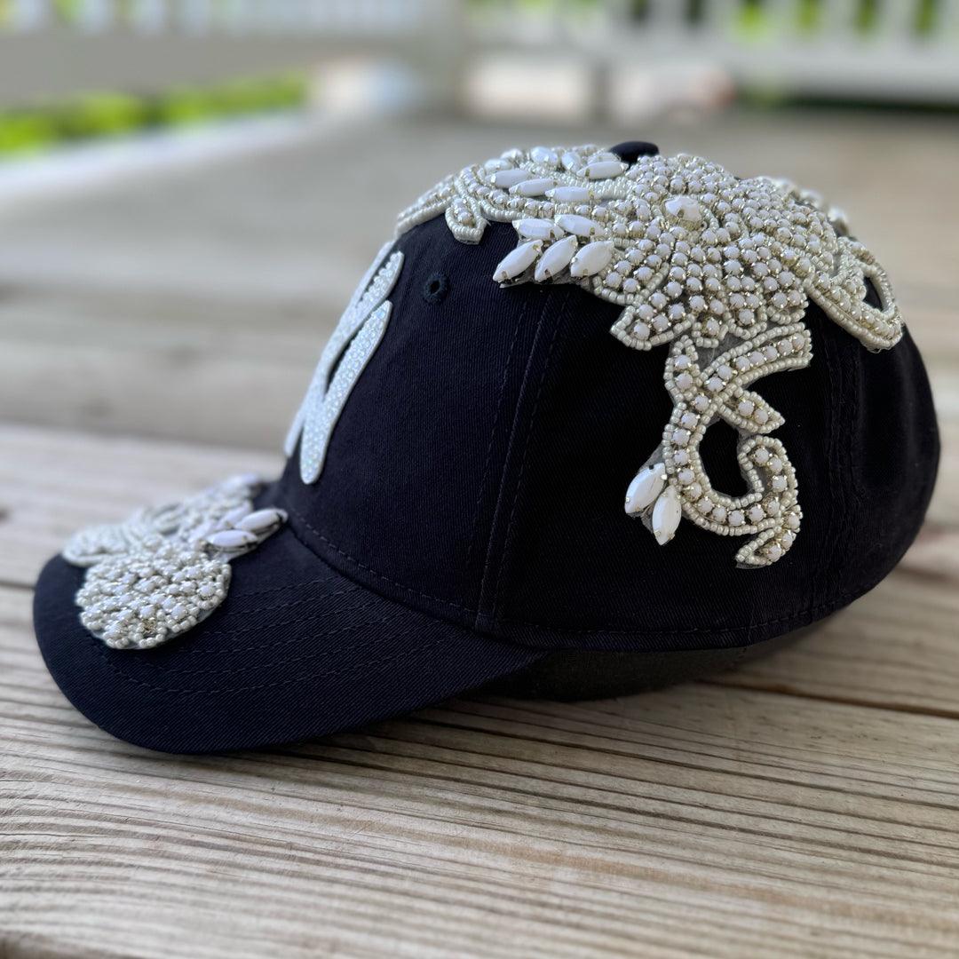 Top view of Custom Beaded White Crystal Applique Navy New York Hat