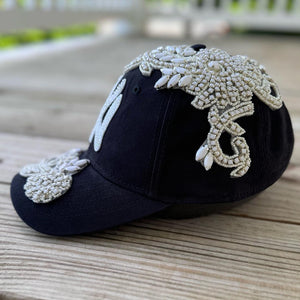Top view of Custom Beaded White Crystal Applique Navy New York Hat