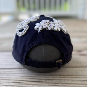 Back view of Custom Beaded White Crystal Applique Navy New York Hat