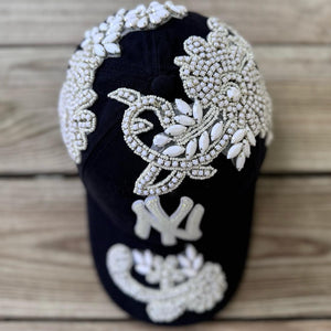 Front view of Custom Beaded White Crystal Applique Navy New York Hat