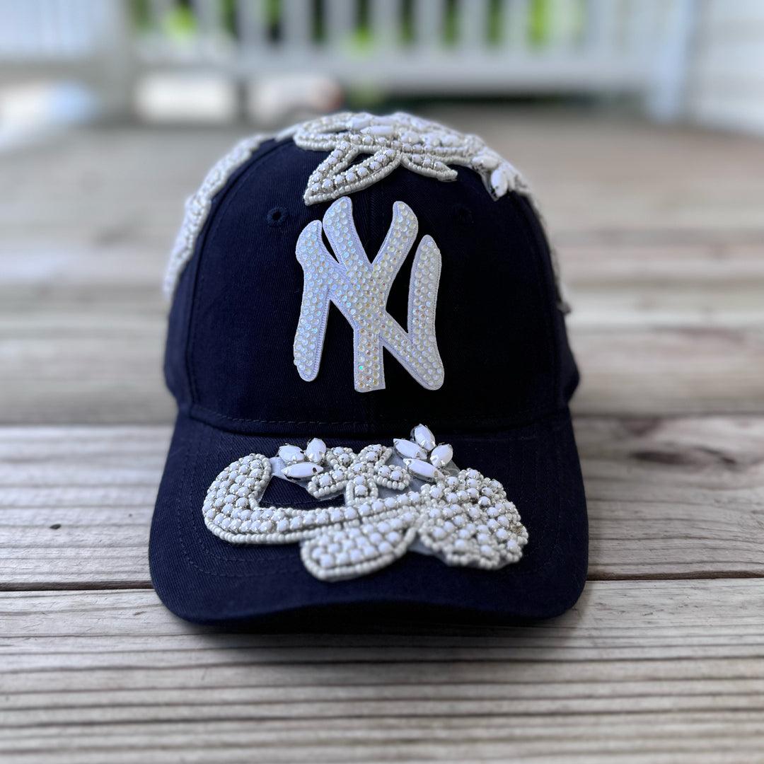 Custom Beaded White Crystal Applique Navy New York Hat with hand-applied crystal design