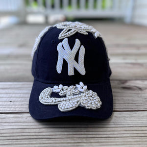 Custom Beaded White Crystal Applique Navy New York Hat with hand-applied crystal design