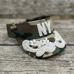 Custom Beaded White Crystal Applique New York Visor - Rebel P Customs