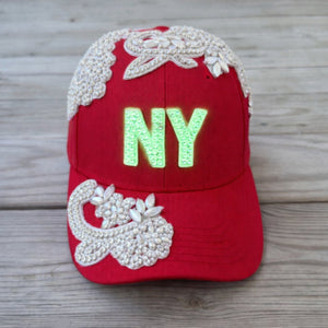 Custom Beaded White Crystal Glow In The Dark Applique New York Hat - Rebel P Customs