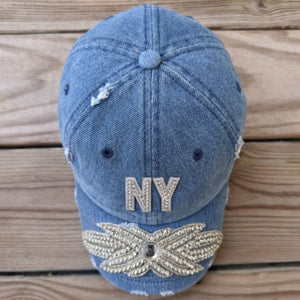 Custom Denim Beaded Silver Crystal Applique NY Hat - Rebel P Customs
