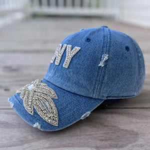 Custom Denim Beaded Silver Crystal Applique NY Hat - Rebel P Customs
