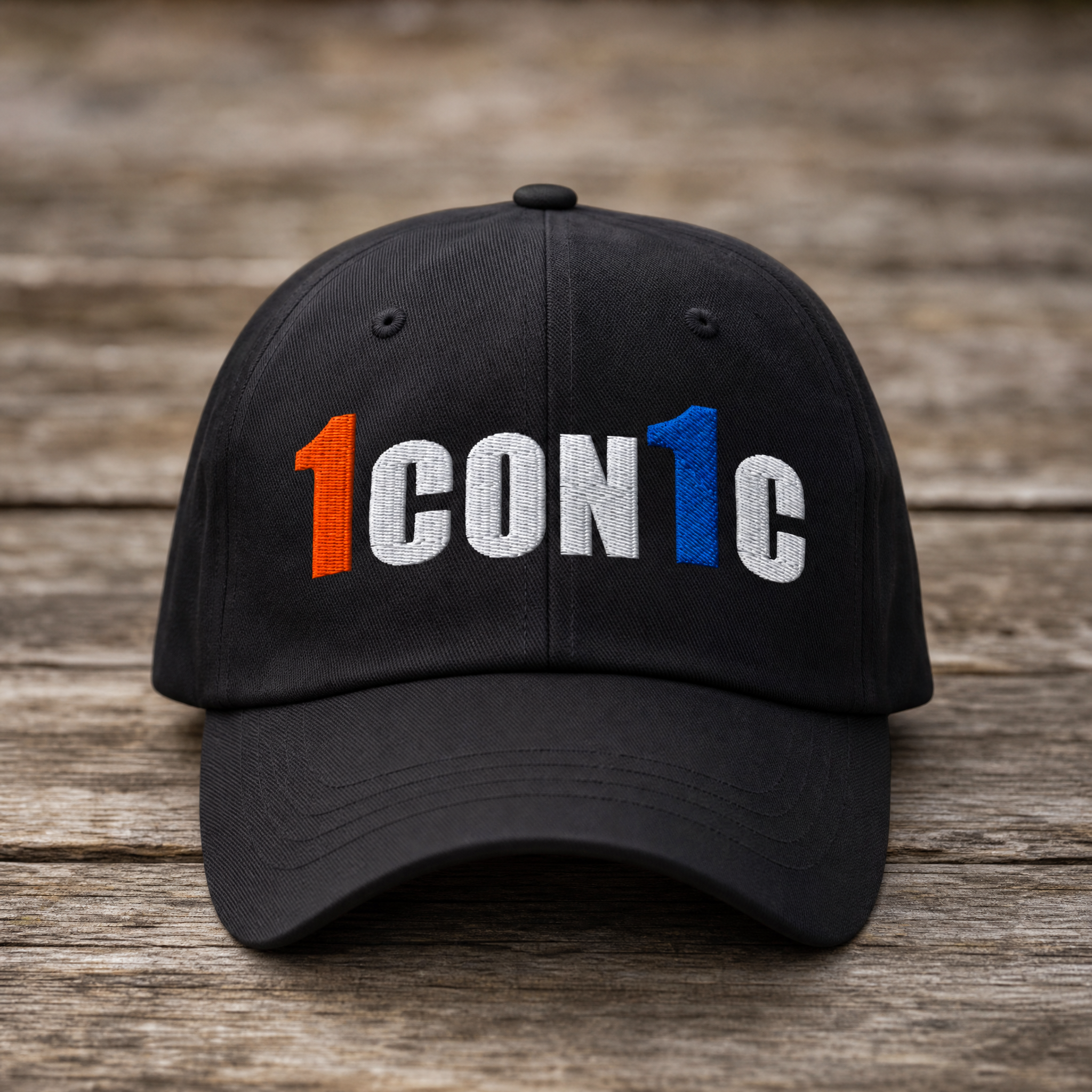 Black cap with '1CON1C' text on a wooden surface