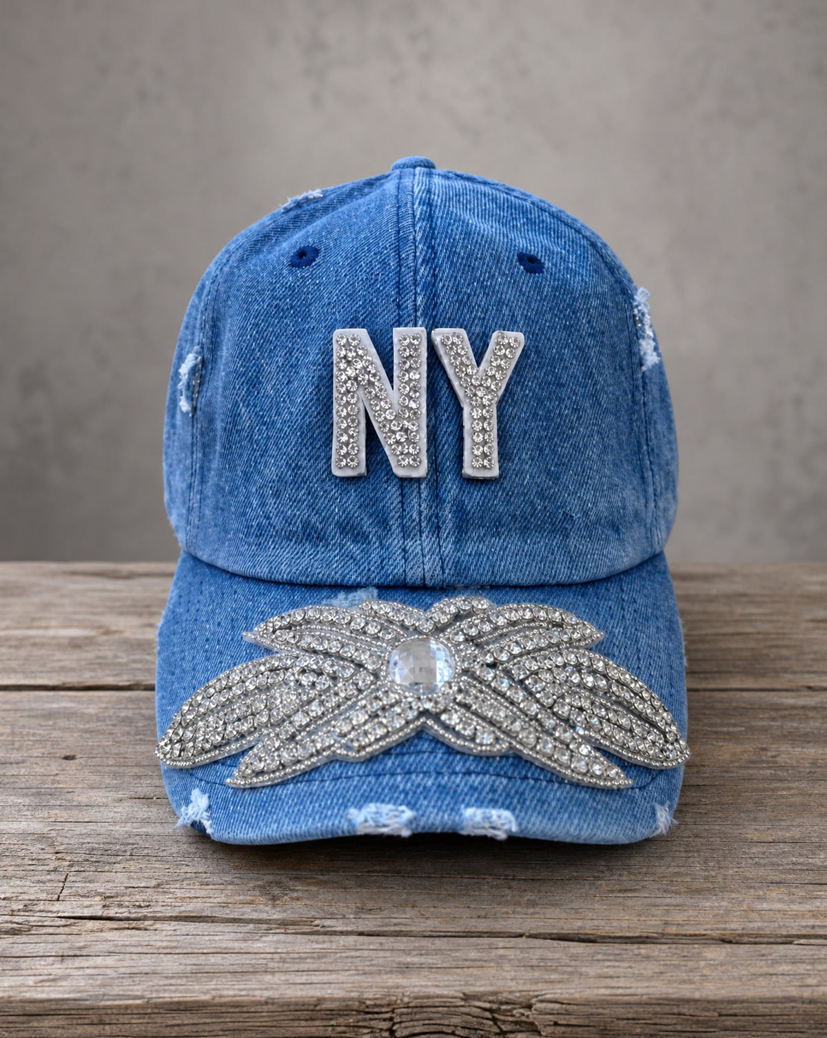 Crystal Appliqué New York hat with hand-applied crystal design