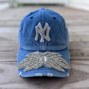 Silver Crystal Appliqué Denim NY Hat with hand-applied silver crystal design