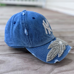 Left-side view of Silver Crystal Appliqué Denim NY Hat