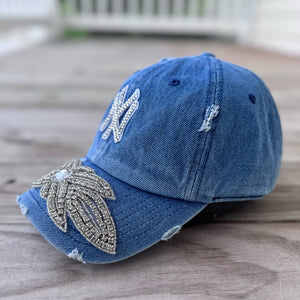 Right-side view of Silver Crystal Appliqué Denim NY Hat