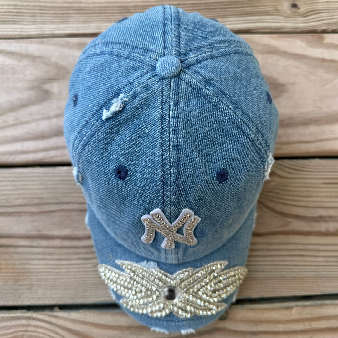 Top view of Silver Crystal Appliqué Denim NY Hat