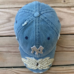 Top view of Silver Crystal Appliqué Denim NY Hat
