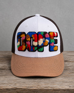 DOPE chenille patched mid-pro snapback trucker cap with handcrafted premium patchwork