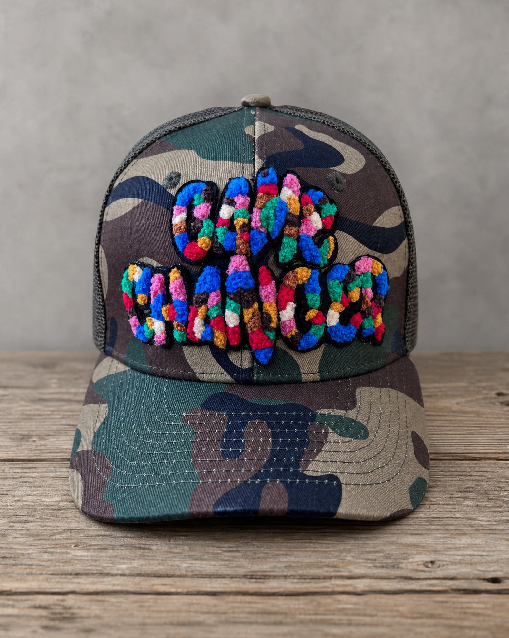 Game Changer chenille camo hat with handcrafted chenille design