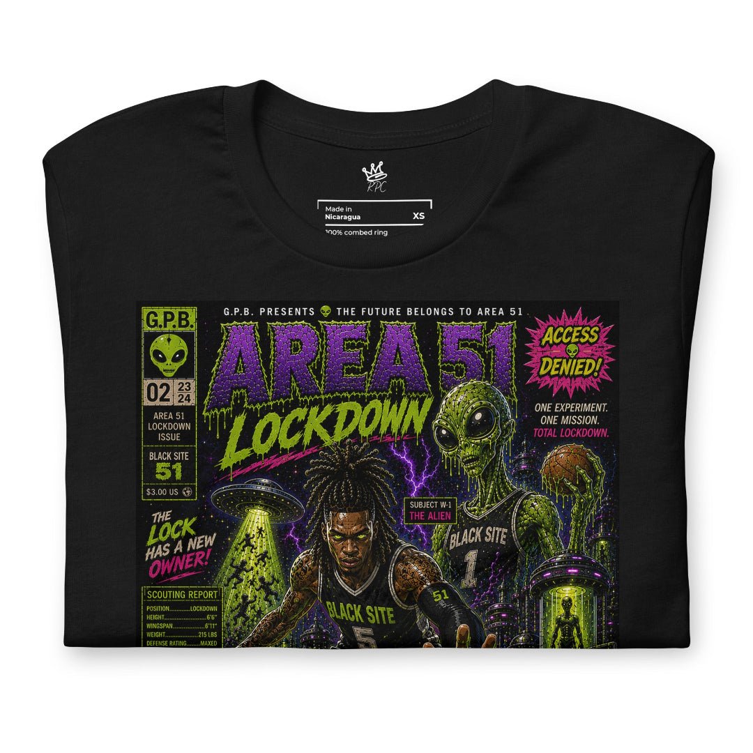 Closeup of Garbage Pail Ballers “Area 51 Lockdown” Vintage Hardwood Unisex T-Shirt
