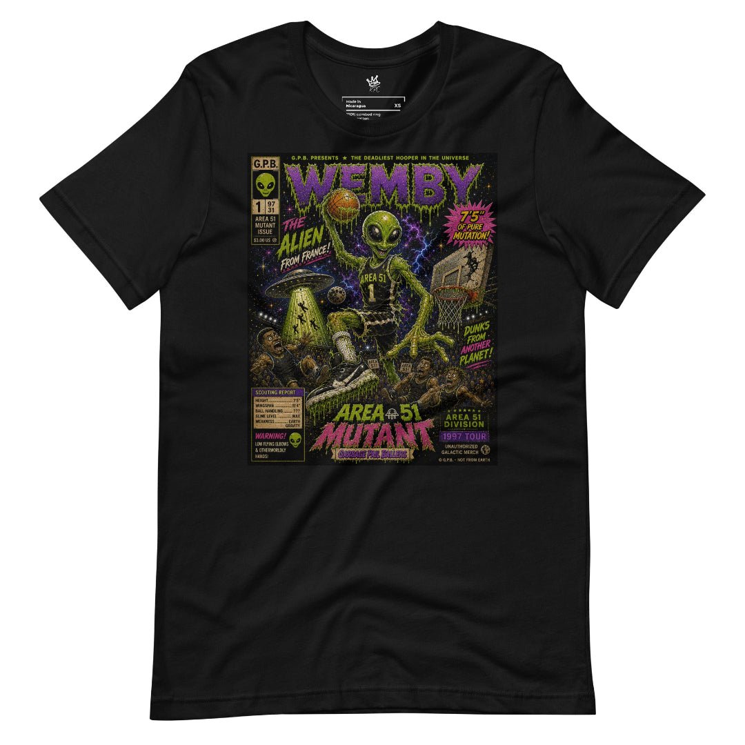 Wrinkled View of Garbage Pail Ballers “Area 51 Mutant” Vintage Hardwood Unisex T-Shirt - Rebel P Customs