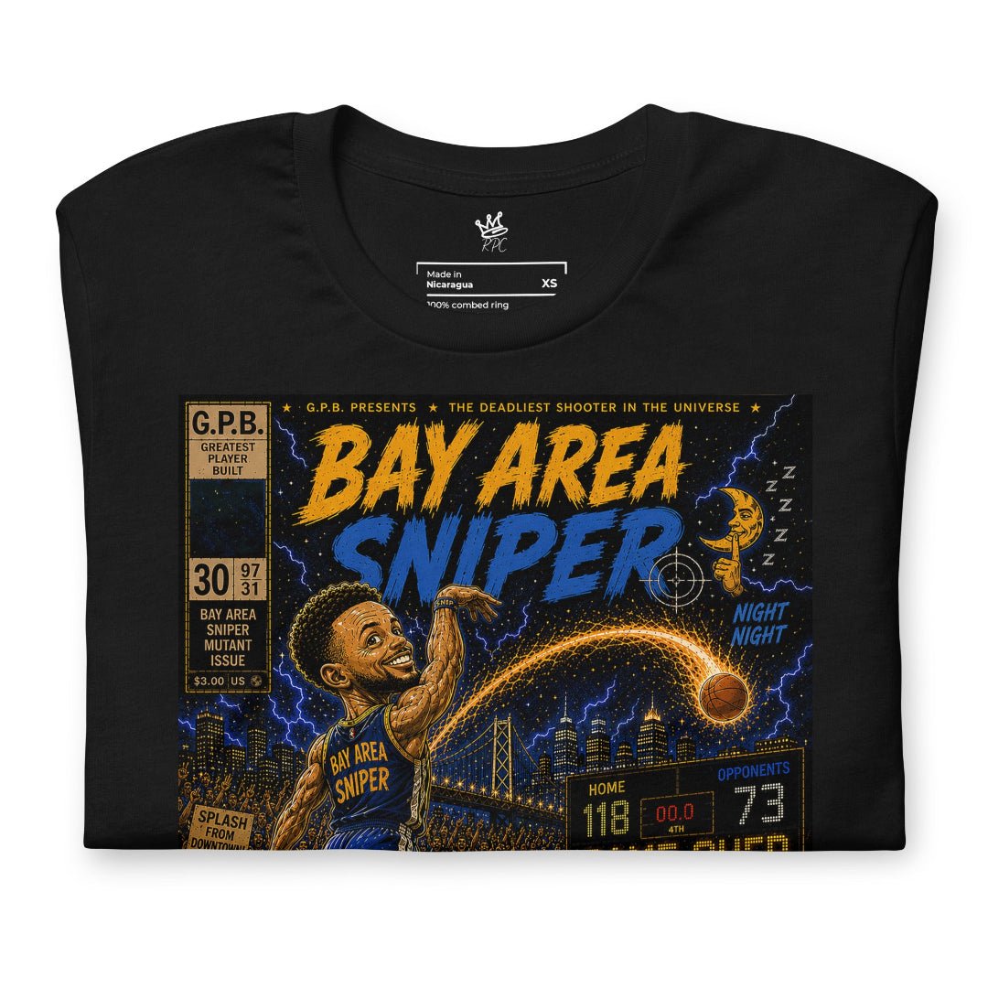 Closeup of Garbage Pail Ballers “Bay Area Sniper” Vintage Hardwood Unisex T-Shirt - Rebel P Customs