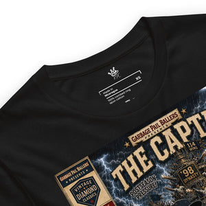 Detailed view of Garbage Pail Ballers™ The Captain Vintage Diamond Classics artwork featuring a baseball captain character illustrated in vintage comic and trading card style. Rebel P Customs