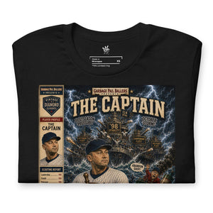 Close-up of Garbage Pail Ballers™ The Captain Vintage Diamond Classics artwork featuring a baseball captain character illustrated in vintage comic and trading card style. Rebel P Customs