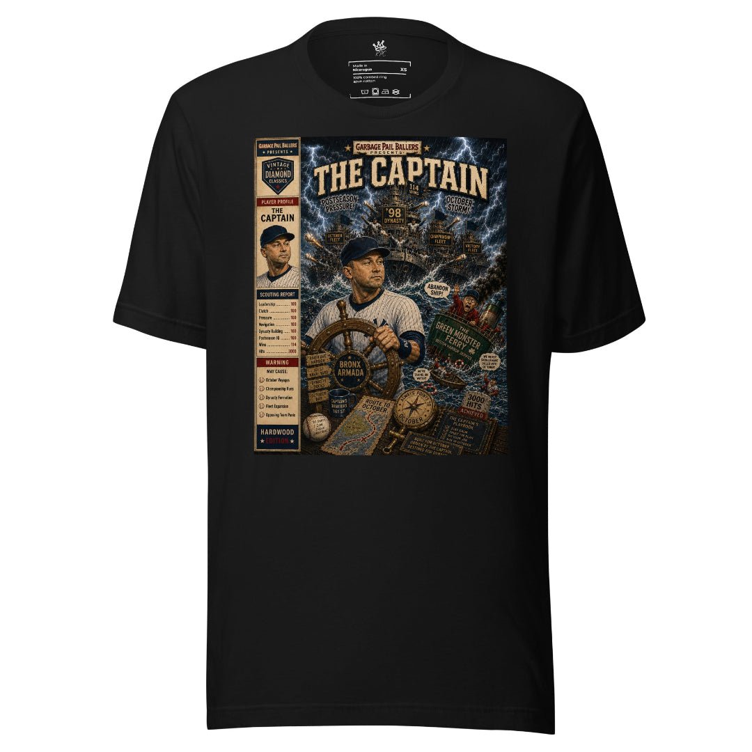 Garbage Pail Ballers™ The Captain Vintage Diamond Classics baseball graphic T-shirt featuring original parody artwork inspired by a legendary New York baseball captain in retro trading card style - Rebel P Customs