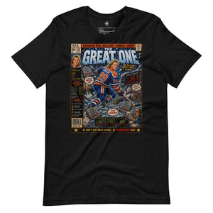 Wrinkled View Black unisex T-shirt featuring The Great One Vintage Ice Classics hockey graphic design.