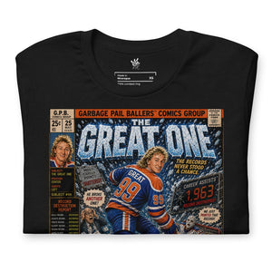 Close-up of The Great One hockey-inspired artwork featuring vintage comic-book illustration and collectible sports card aesthetics.