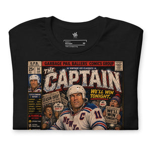 Close-up of The Guarantee hockey-inspired artwork featuring vintage comic-book illustration and collectible sports card aesthetics.