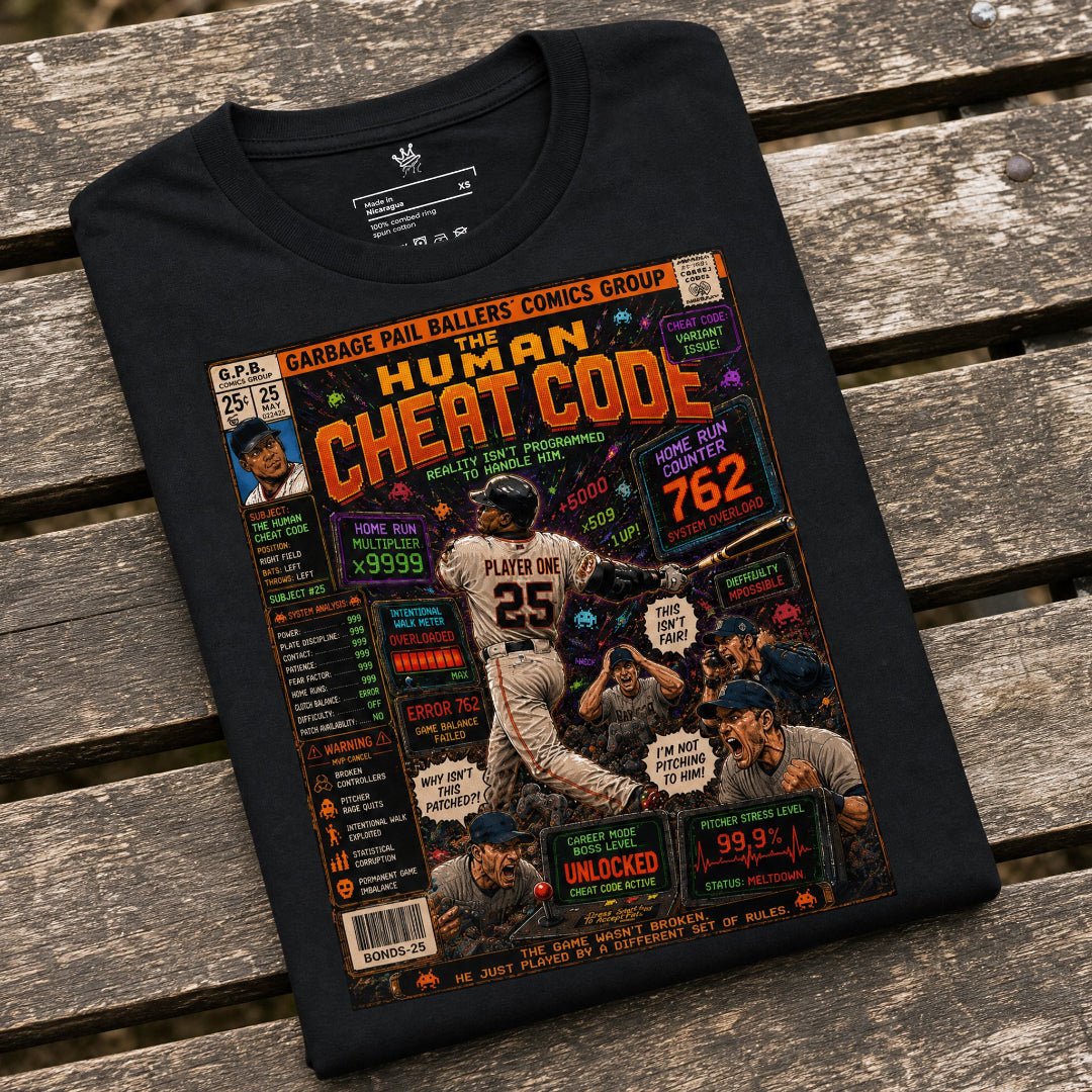 Garbage Pail Ballers™ The Human Cheat Code Vintage Diamond Classics baseball parody graphic t-shirt