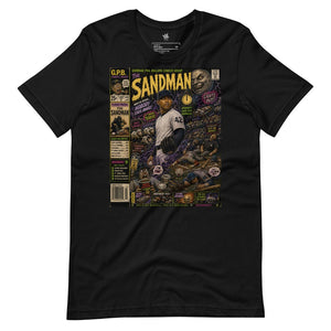 Black unisex T-shirt featuring The Sandman Vintage Diamond Classics baseball graphic