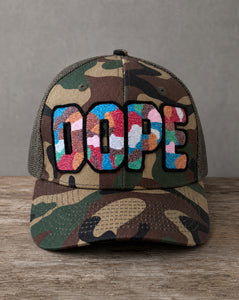 Glow in the dark DOPE camo patched hat with handcrafted patchwork design