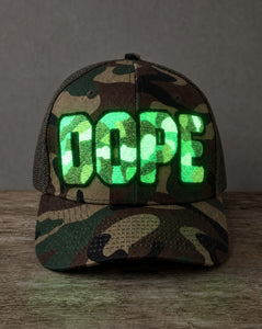 Glow in the dark DOPE camo patched hat with handcrafted patchwork design glwowing