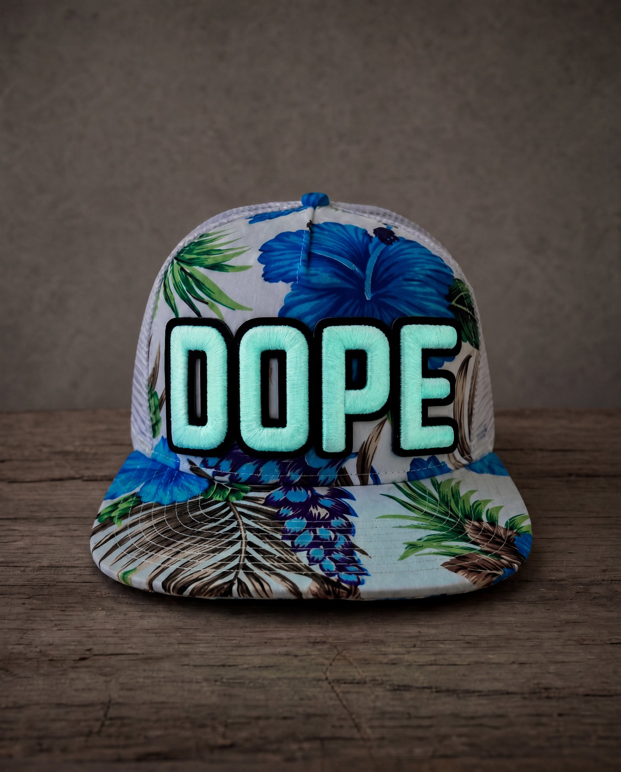 Floral glow in the dark DOPE mid-pro snapback trucker cap with handcrafted patchwork design glowing