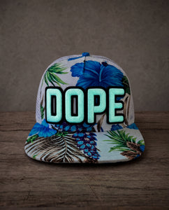 Floral glow in the dark DOPE mid-pro snapback trucker cap with handcrafted patchwork design glowing