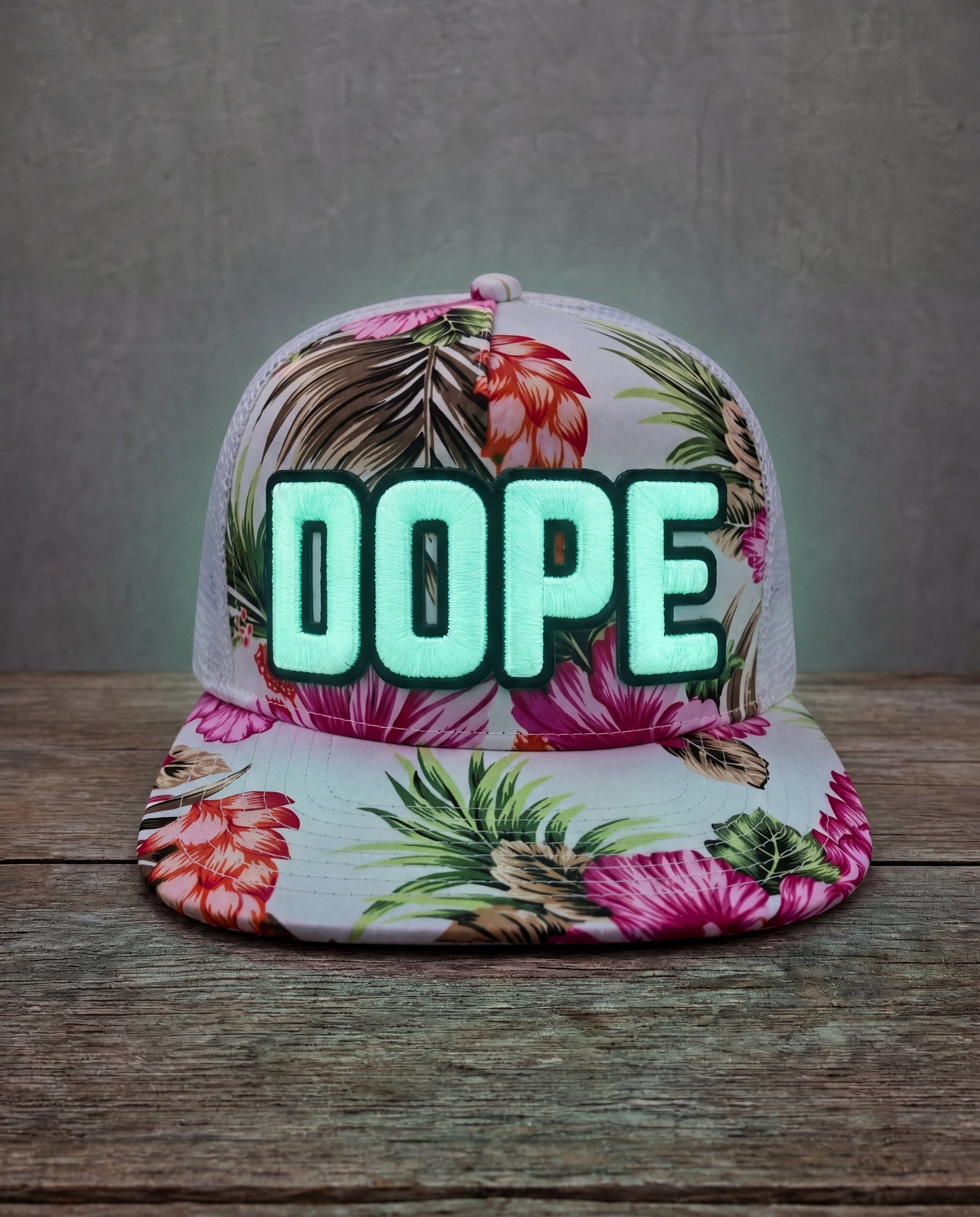 Pink floral glow in the dark DOPE patched trucker cap with handcrafted patchwork design glpwing