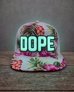 Pink floral glow in the dark DOPE patched trucker cap with handcrafted patchwork design glpwing