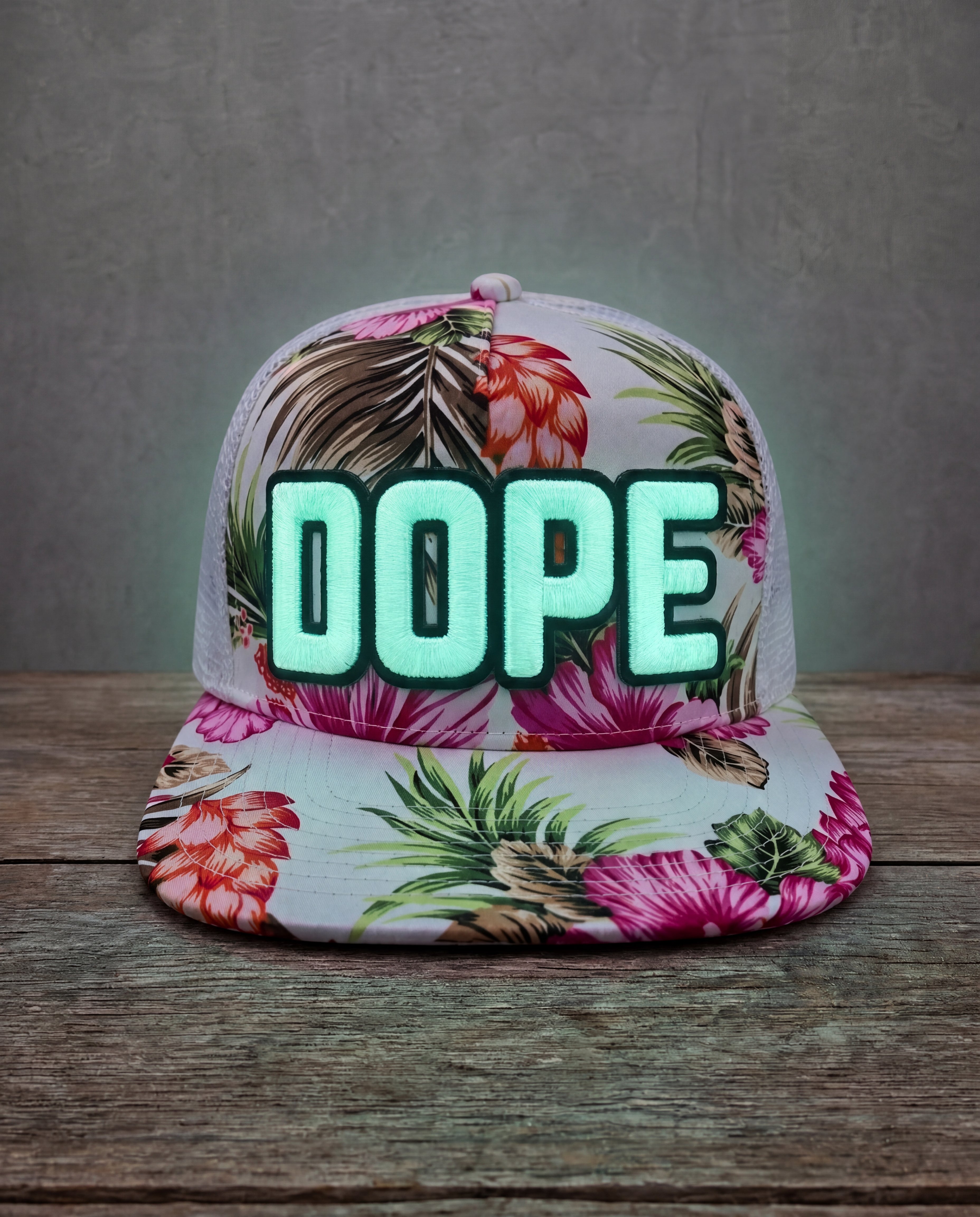 Pink floral glow in the dark DOPE patched trucker cap with handcrafted patchwork design glpwing