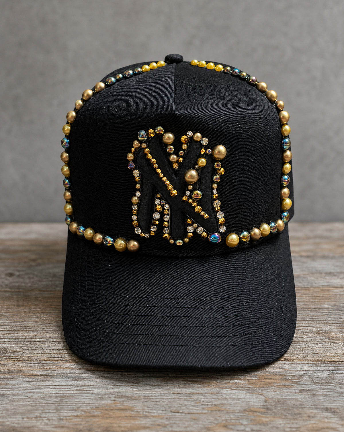 Black & Gold Pearl Crystal Appliqué New York Hat with hand-applied crystal design