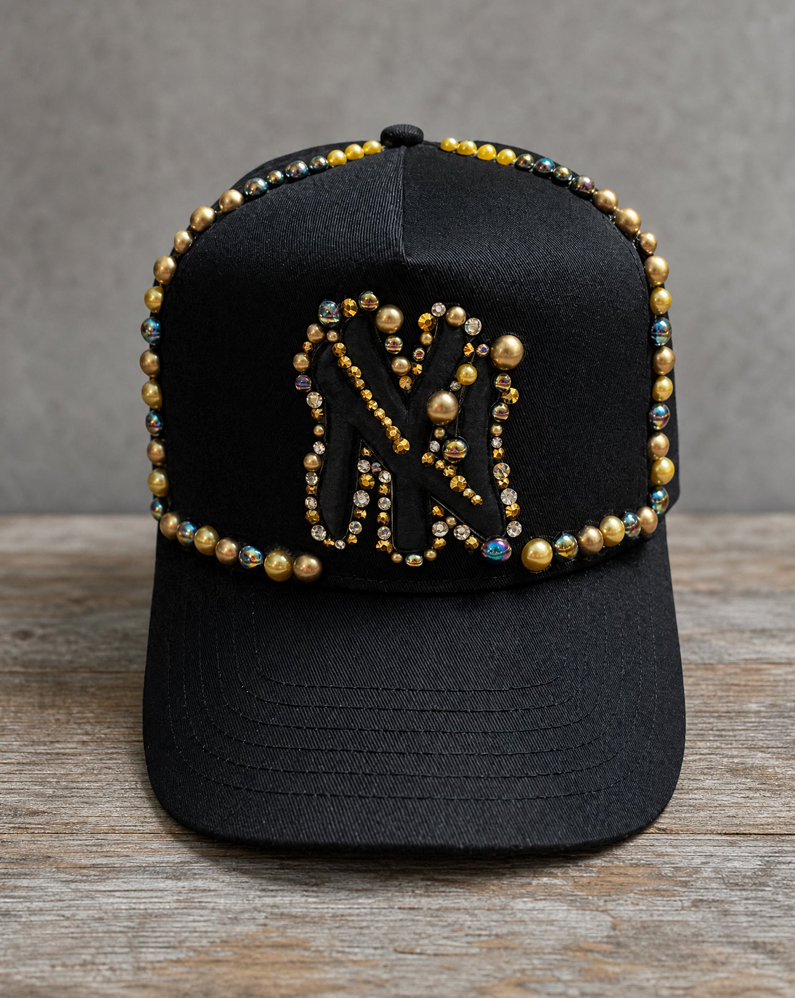 Black and gold pearl crystal appliqué New York hat with handcrafted embellishments