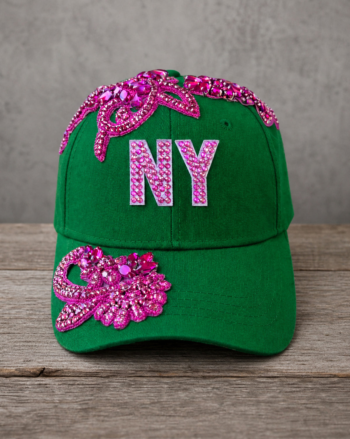 Crystal Appliqué New York hat with hand-applied crystal design