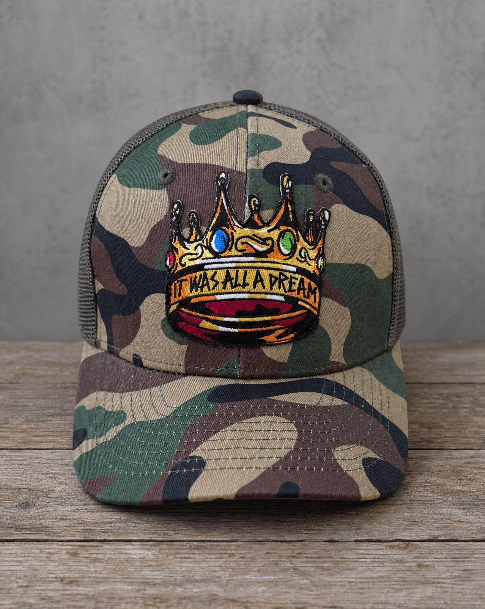 It Was All a Dream camo trucker hat with handcrafted patchwork design