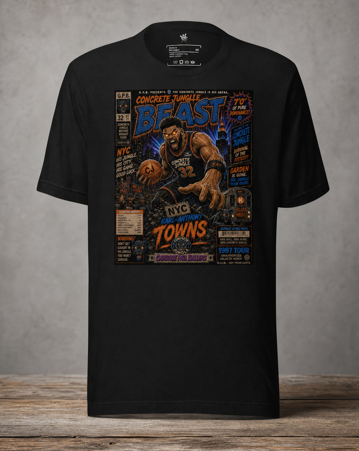 Front view Karl Anthony Towns concrete jungle beast Garbage Pail Ballers T Shirt
