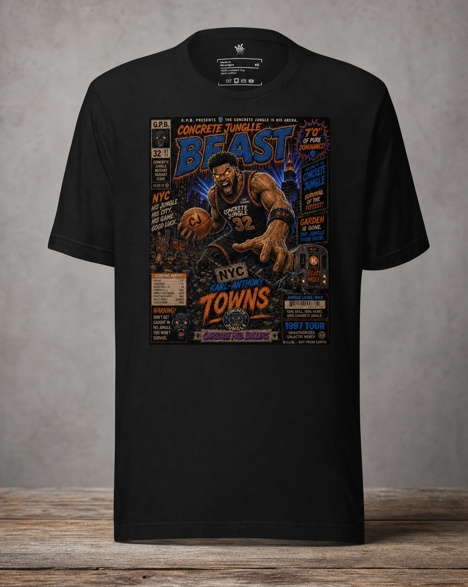 Front view Karl Anthony Towns concrete jungle beast Garbage Pail Ballers T Shirt