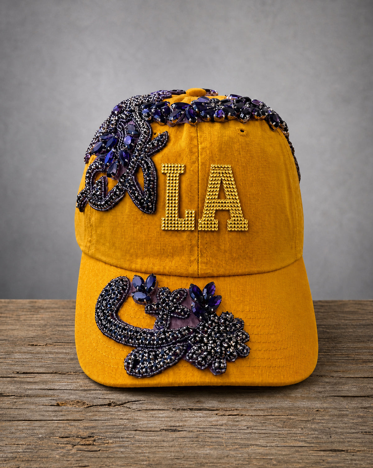 Crystal Appliqué LA hat with hand-applied crystal design